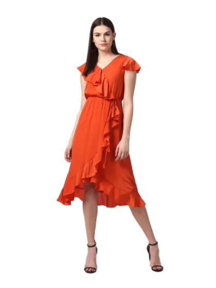 Women's Polyester Ruffled Cap Sleeve Knee-Length Dress (Orange)