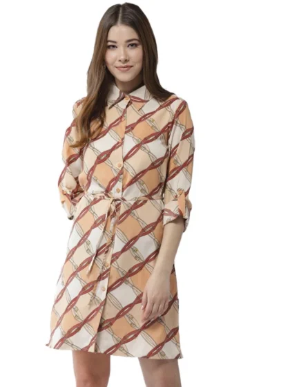 Women's Polyester Printed Roll Up Sleeve Above Knee Dress (Off White - Brown)