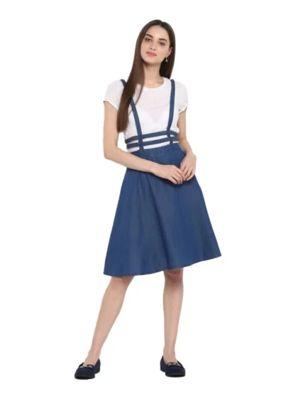 Women's Denim Solid Shoulder Straps Below Knee Dress (Blue)