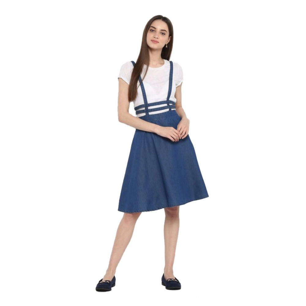 Women's Denim Solid Shoulder Straps Below Knee Dress (Blue)