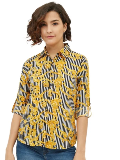 Women's Polyester Printed Roll Up Sleeve Standard Length Shirt (Mustared)