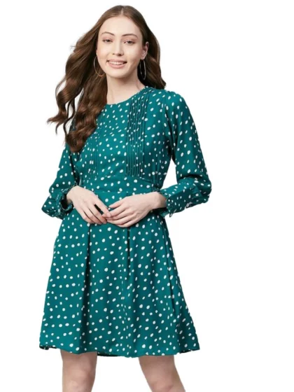Women's Polyester Polka Long Sleeves Above Knee Dress (Green - White)