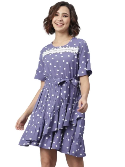 Women's Polyester Polka Bell Sleeve Above Knee Dress (Lavender)