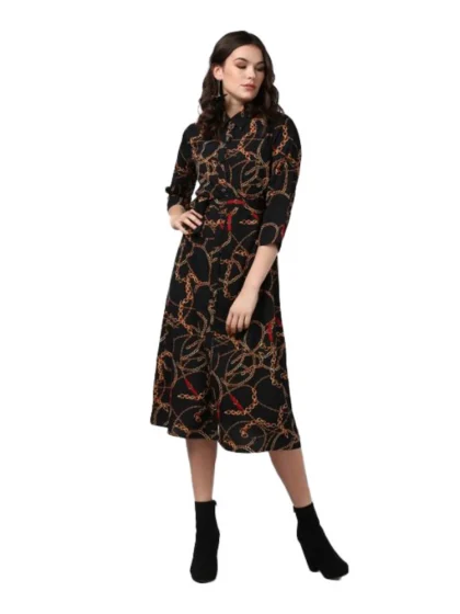 Women's Polyester Chain Print Roll Up Sleeve Below Knee Dress (Black - Yellow)