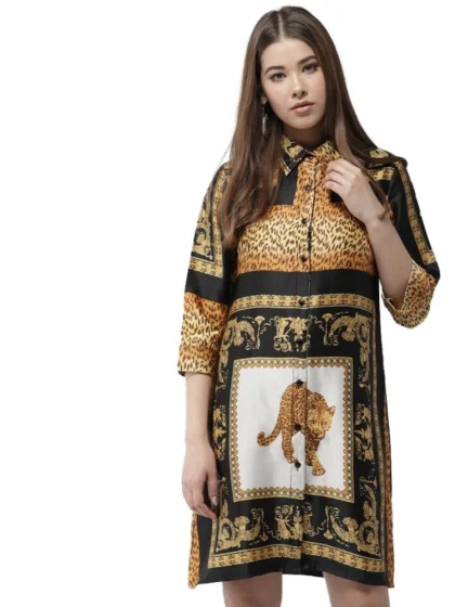 Women's Satin Animal Print 3-4th Sleeves Above Knee Dress (White - Orange)