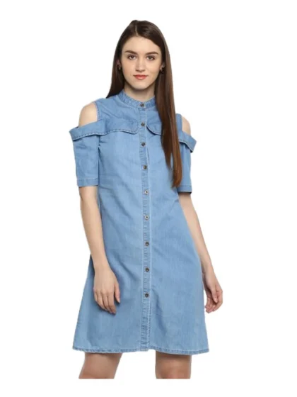 Women's Denim Solid Cold Shoulder Above Knee Dress (Blue)