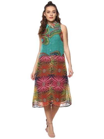 Women's Polyester Floral Sleeveless Below Knee Dress (Multicolor)