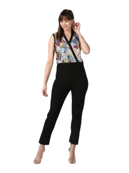 Women's Polyester Embellished Sleeveless Jumpsuit (Black)