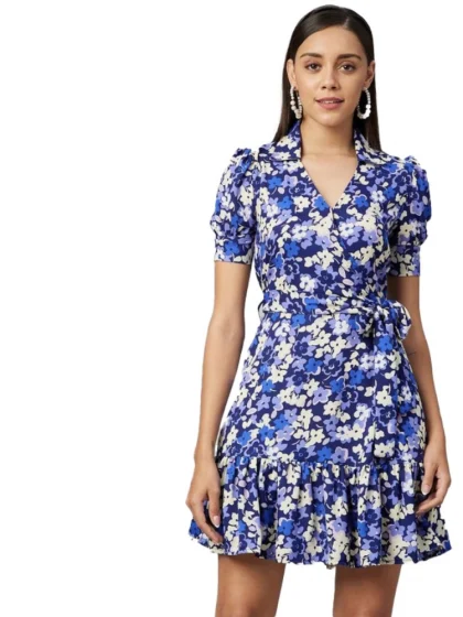 Women's Polyester Floral Short Sleeve Above Knee Dress (Blue - Purple)