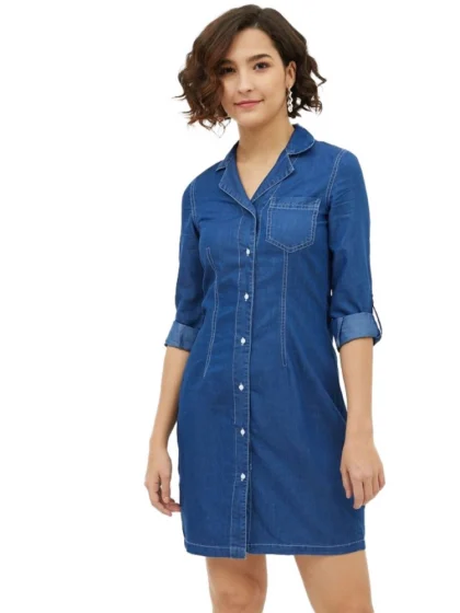 Women's Denim Solid Long Sleeves Above Knee Dress (Blue)