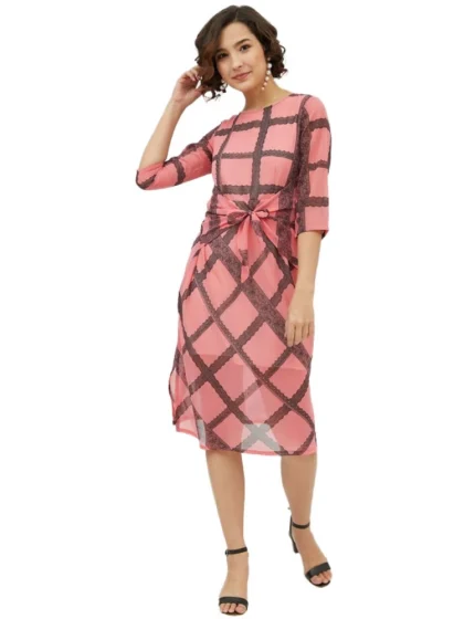 Women's Polyester Checkered 3-4th Sleeves Below Knee Dress (Pink)