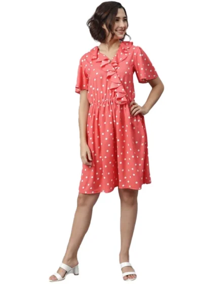 Women's Polyester Polka Flutter Above Knee Dress (Coral)
