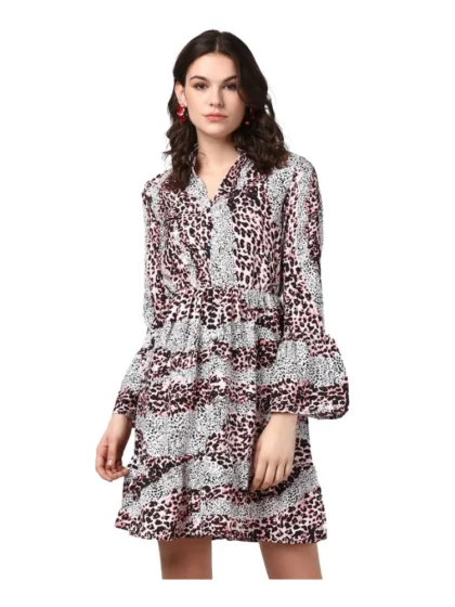 Women's Polyester Animal Print Bell Sleeve Above Knee Dress (Pink - Black)