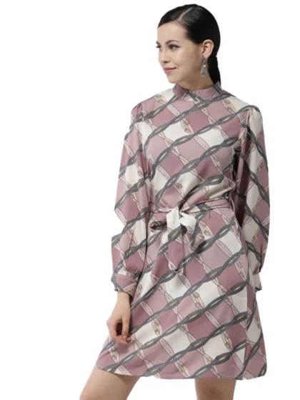 Women's Polyester Checkered Long Sleeves Above Knee Dress (Off White - Lavender)