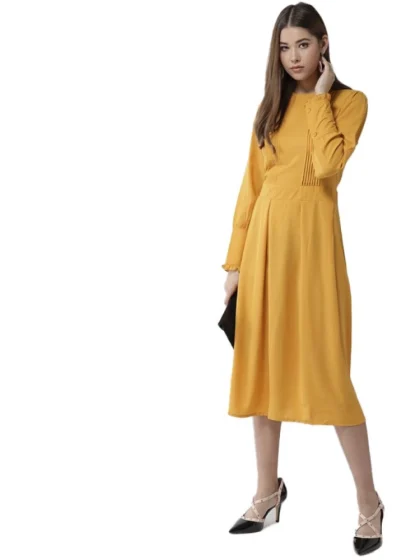 Women's Polyester Pintuck Long Sleeves Below Knee Dress (Yellow)