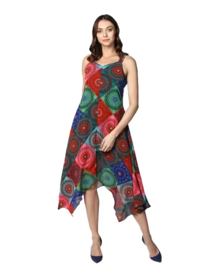 Women's Polyester Asymmetrical Shoulder Straps Knee-Length Dress (Multicolor)