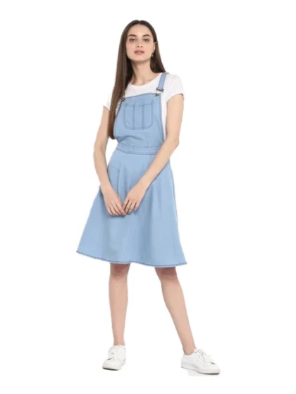 Women's Denim Solid Sleeveless Above Knee Dress (Blue)