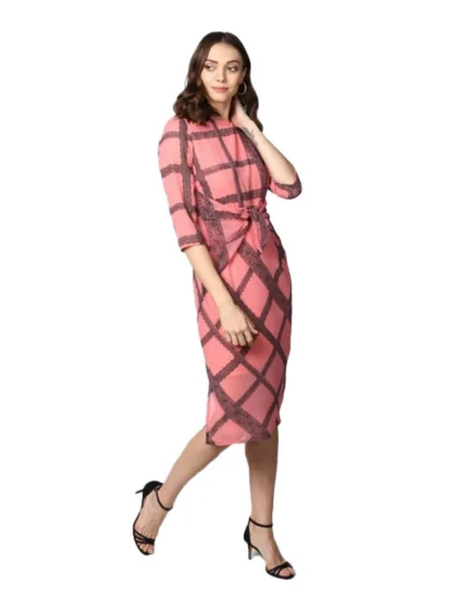 Women's Polyester Checkered 3-4th Sleeves Below Knee Dress (Pink - Black)