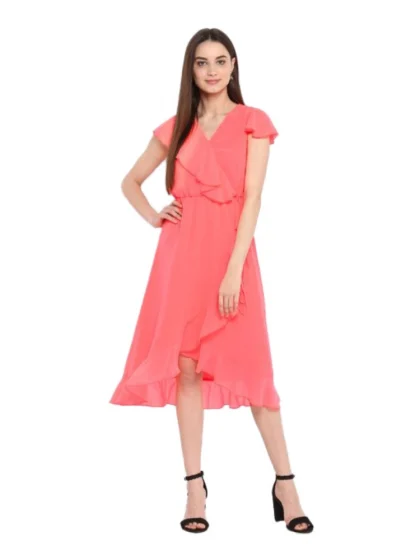 Women's Polyester Ruffled Cap Sleeve Below Knee Dress (Coral Pink)