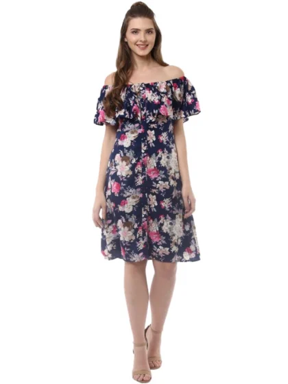 Women's Polyester Crepe Floral Half Sleeve Above Knee Dress (Navy Blue)