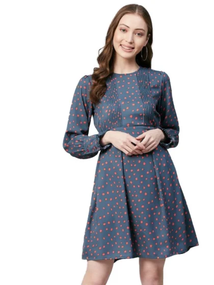 Women's Polyester Polka Long Sleeves Above Knee Dress (Grey - Coral)