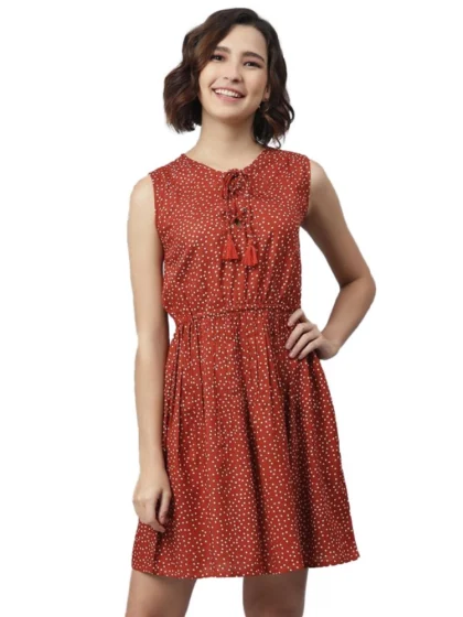 Women's Rayon Polka Sleeveless Above Knee Dress (Rust)