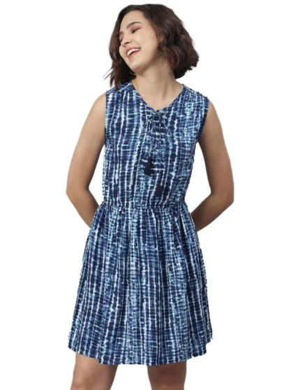 Women's Rayon Tie & Dye Sleeveless Above Knee Dress (Blue)