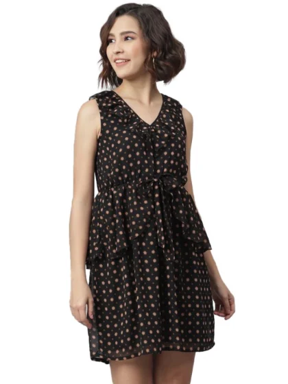 Women's Polyester Peplum Sleeveless Above Knee Dress (Black)