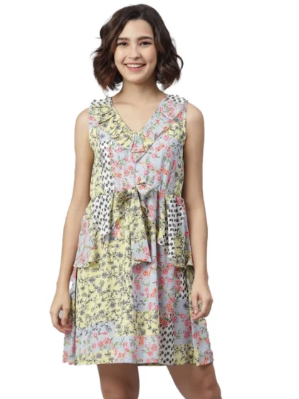 Women's Polyester Peplum Sleeveless Above Knee Dress (Multicolor)