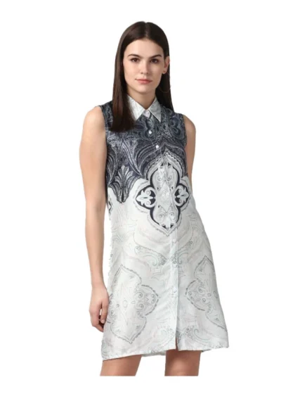 Women's Polyester Printed Sleeveless Above Knee Dress (Blue)
