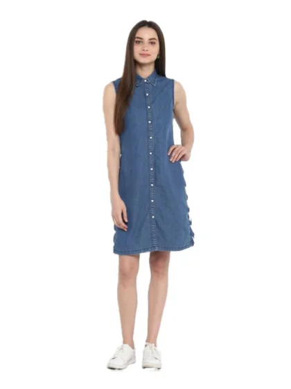 Women's Denim Solid Sleeveless Above Knee Dress (Blue)