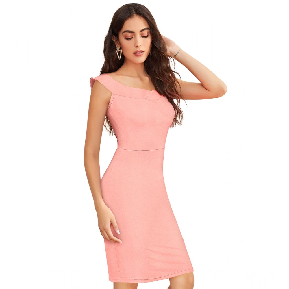Women's Knitting stretchable Solid Round Neck Sleeveless Dress (Peach) - Image 3