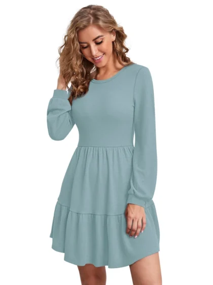Women's Knitting stretchable Solid Round Neck Full Sleeve Dress (Pista)