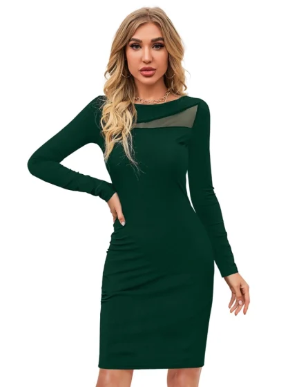 Women's Knitting stretchable Solid Round Neck Full Sleeve Dress (Green )