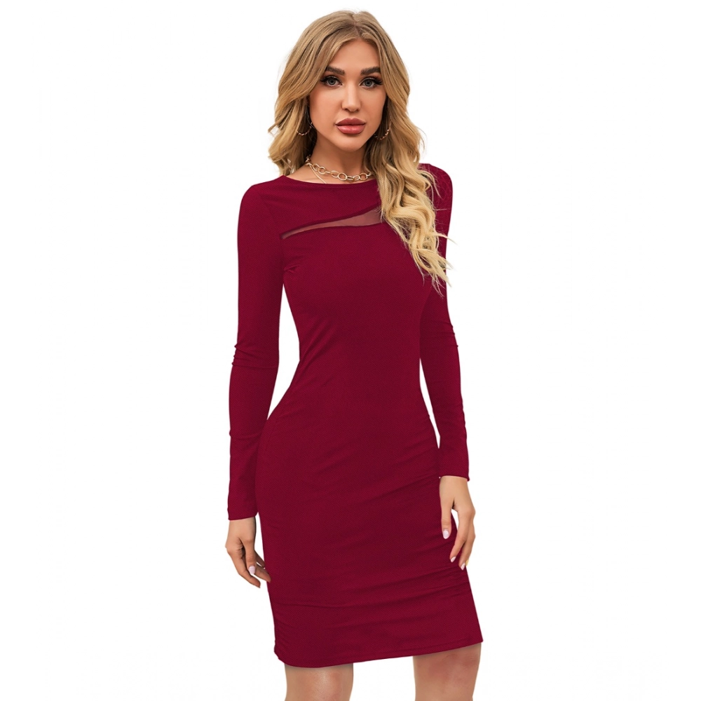 Women's Knitting stretchable Solid Round Neck Full Sleeve Dress (Maroon) - Image 3