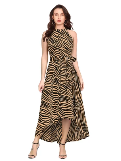 Women's Polyester Zebra Pattern Halter Neck Sleeveless Dress (Yellow)