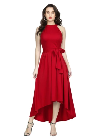 Women's Polyster Solid Halter Neck Sleeveless Dress (Red)