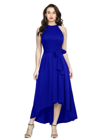 Women's Polyster Solid Halter Neck Sleeveless Dress (Royal Blue)