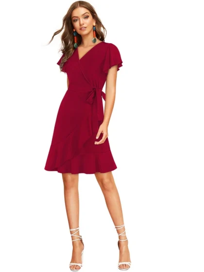 Women's Knitting stretchable Solid V Neck Flaired Sleeve Dress (Maroon )