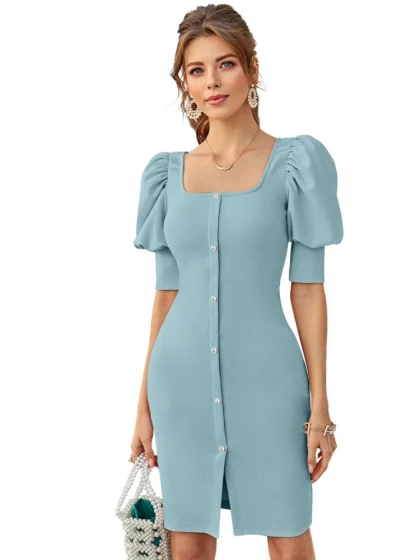Women's Knitting stretchable Solid Square Neck 3-4 Puff Sleeve Dress (Pista)