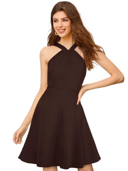Women's Knitting stretchable Solid Halter Neck Sleeveless Dress (Coffee)