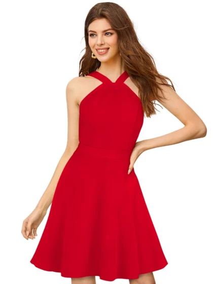 Women's Knitting stretchable Solid Halter Neck Sleeveless Dress (Red )
