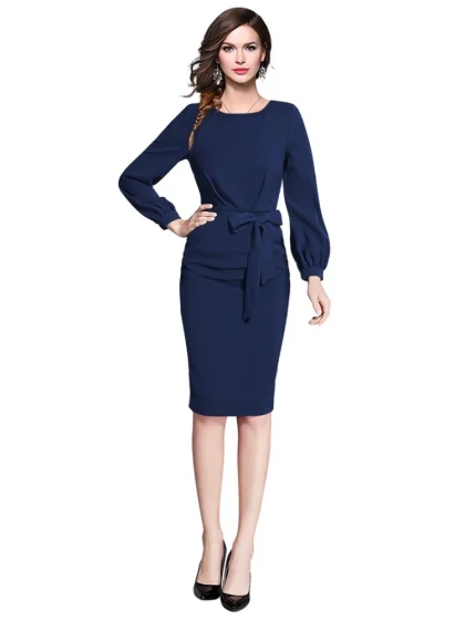 Women's Knitting stretchable Solid Round Neck Full Sleeve Dress (Blue)