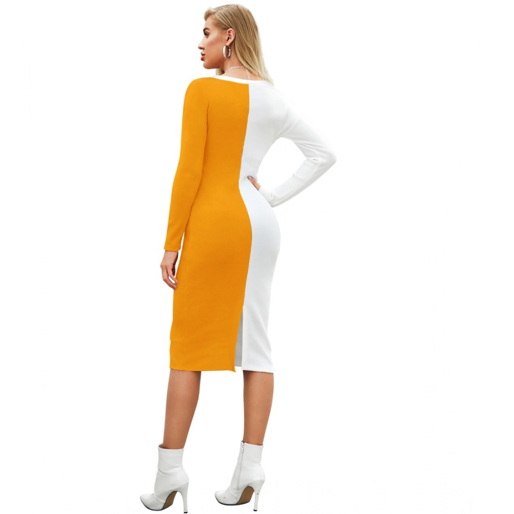 Women's Knitting stretchable Solid Round Neck Full Sleeve Dress (Yellow) - Image 2