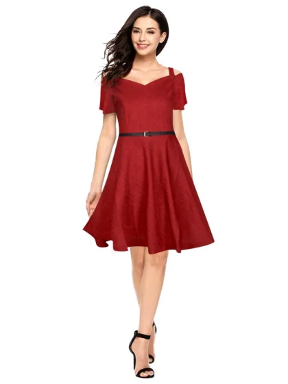 Women's Polyester Solid V Neck Cap Sleeve Dress (Maroon)