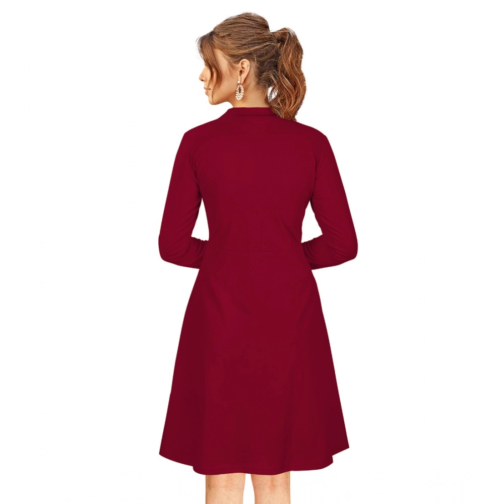 Women's Knitting stretchable Solid Round Neck Full Sleeve Dress (Maroon) - Image 2