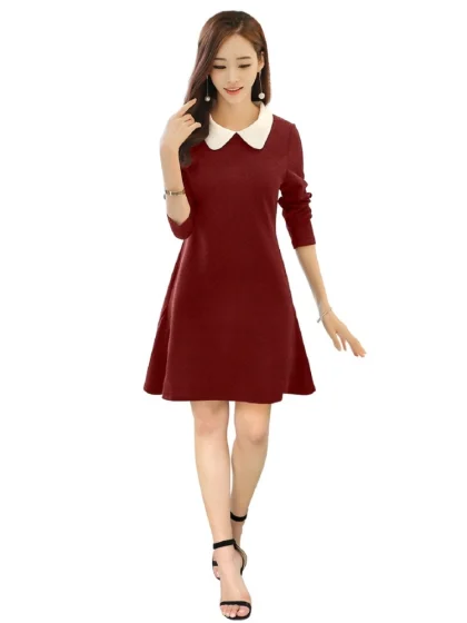Women's Polyester Solid Collar 3-4th Dress (Maroon)