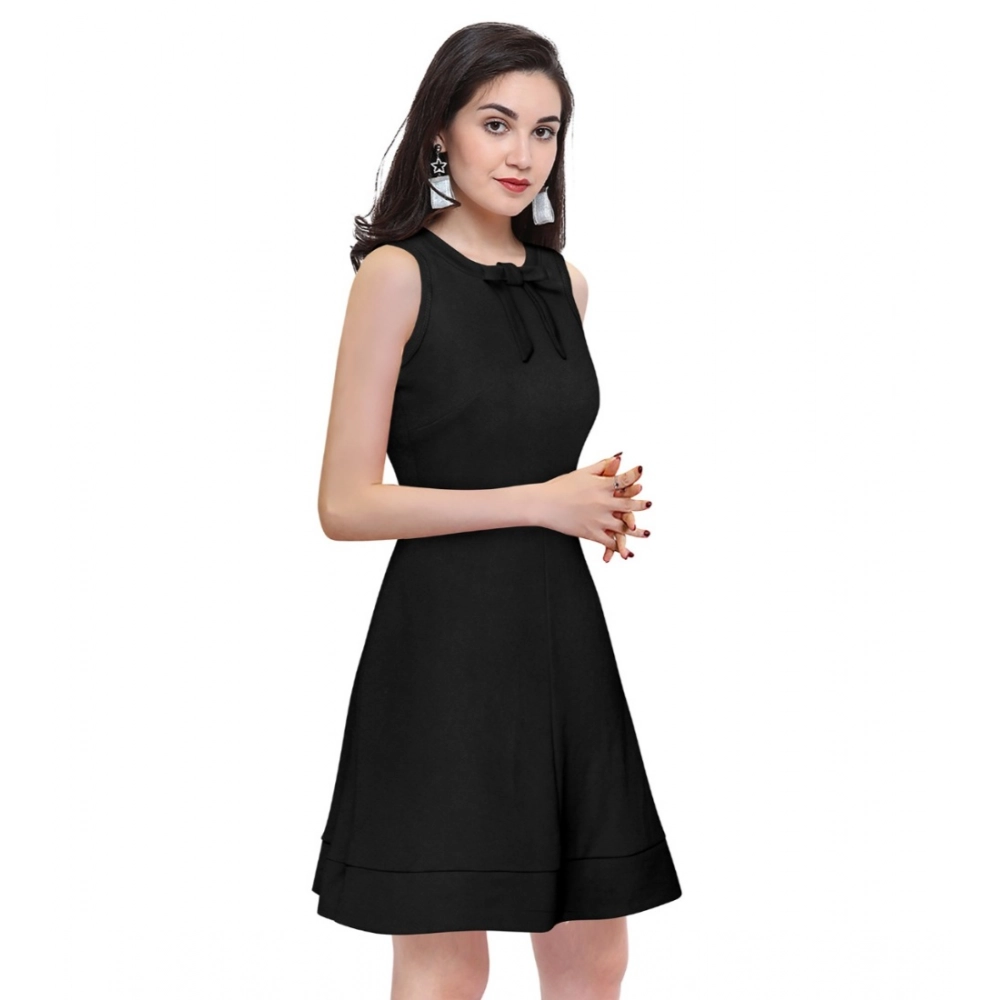 Women's Polyester Solid Round Neck Sleeveless Dress (Black) - Image 3