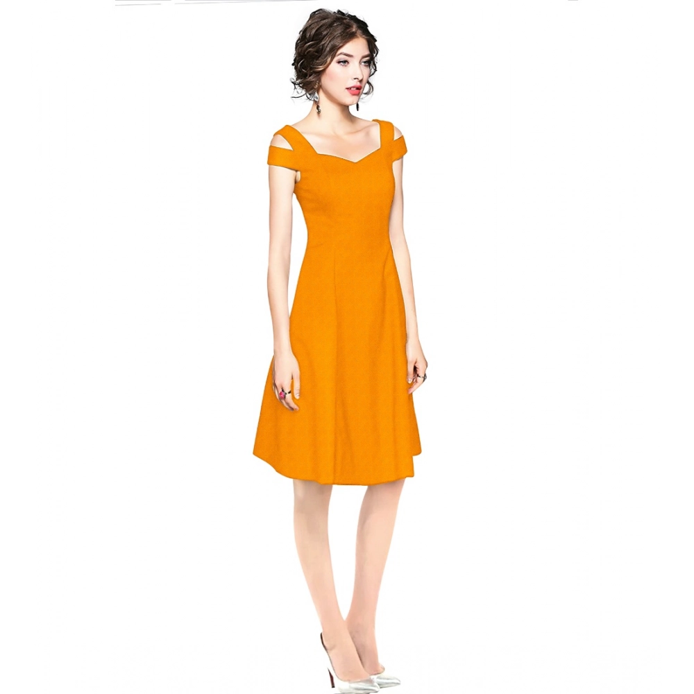 Women's Polyester Solid V Neck Cap Sleeve off Shoulder Dress (Yellow) - Image 3