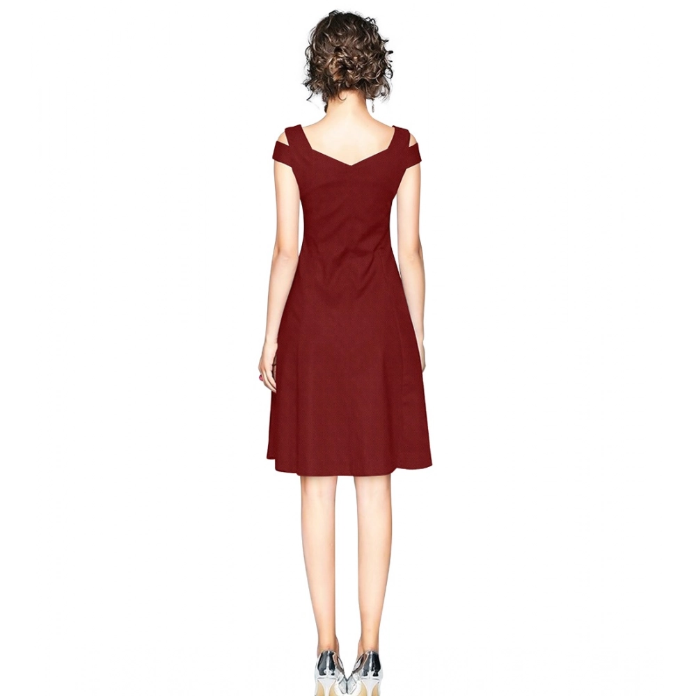 Women's Polyester Solid V Neck Cap Sleeve off Shoulder Dress (Maroon) - Image 2